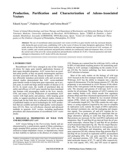 Pdf Production Purification And Characterization Of Adeno Associated Vectors