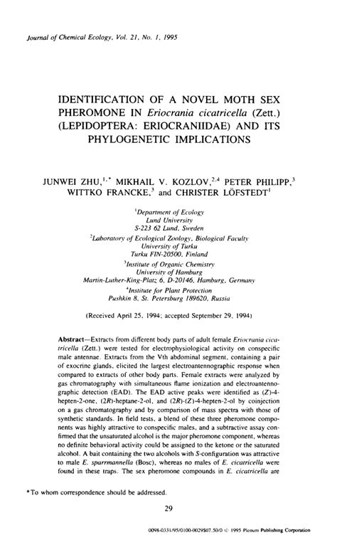PDF Identification Of A Novel Moth Sex Pheromone In Eriocrania Cicatricella Zett