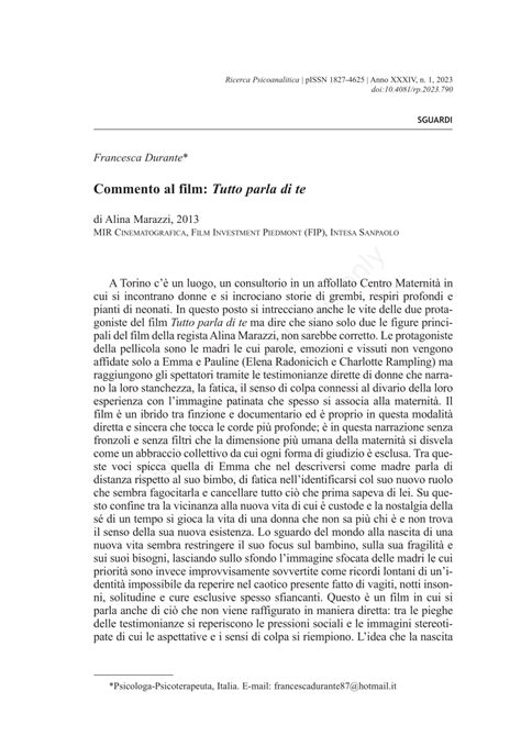 PDF Commento Al Film Tutto Parla Di Te Di Alina Marazzi 2013