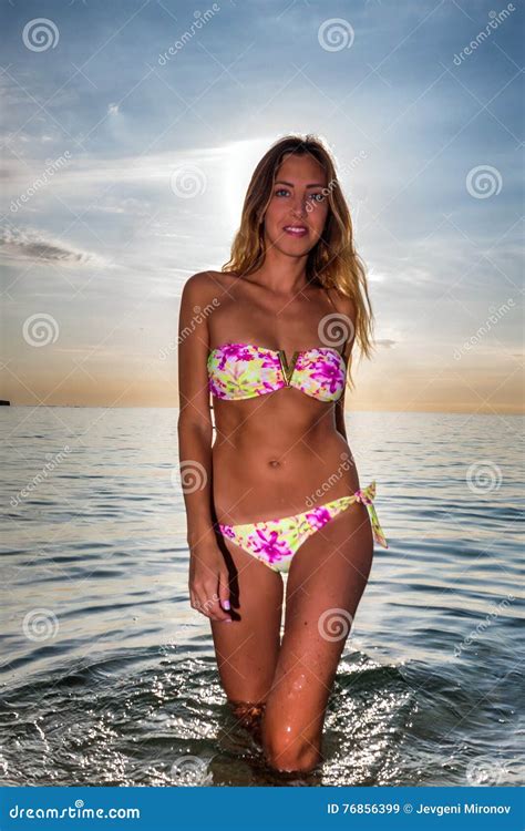 Attractive Woman In Bikini Stand In Calm Sea Water Stock Image Image
