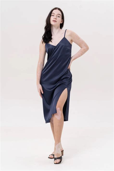 Silky Satin Slip Nightie In Navy Identity Lingerie