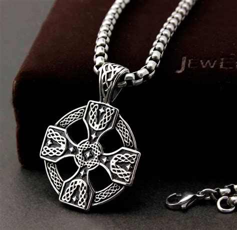 Mens L Stainless Steel Celtic Solar Cross Pendant Necklace Chain In