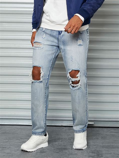 Shein Men Ripped Detail Straight Leg Jeans In 2022 Straight Leg Jeans Legs Straight Leg