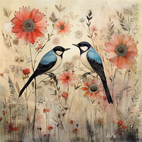 Birds And Flowers Art Background Free Stock Photo - Public Domain Pictures