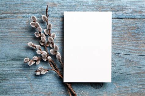 Premium Photo Greeting Card Mockup With Branch Of Pussy Willow On Blue Wooden Background Top