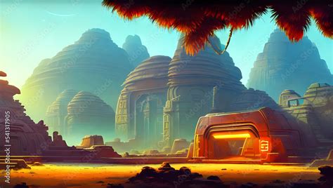 Ancient Science Fiction Temple Ruins On An Alien Planet In The Desert With Palm Trees And Neon