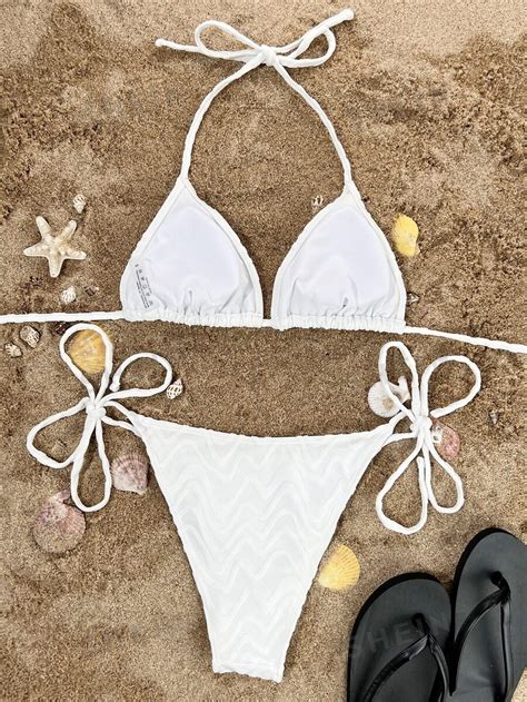 SHEIN Swim Basics Solid Textured Halter Triangle Thong Bikini Swimsuit SHEIN USA