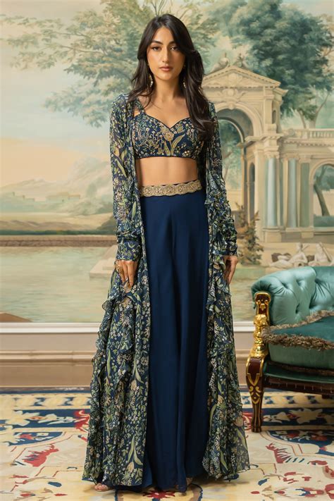 Buy Blue Georgette Printed Floral Sweetheart Pattern Jacket Pant Set