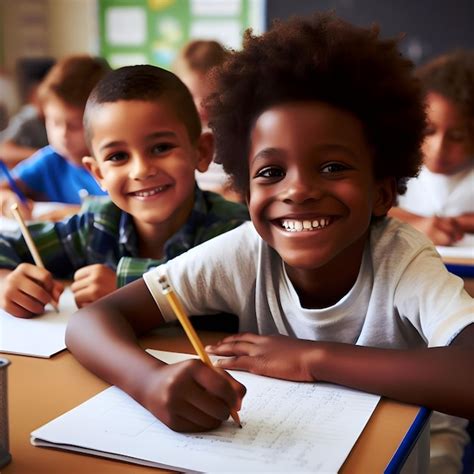 Premium Ai Image Elementary School Children Writing In Notebook In