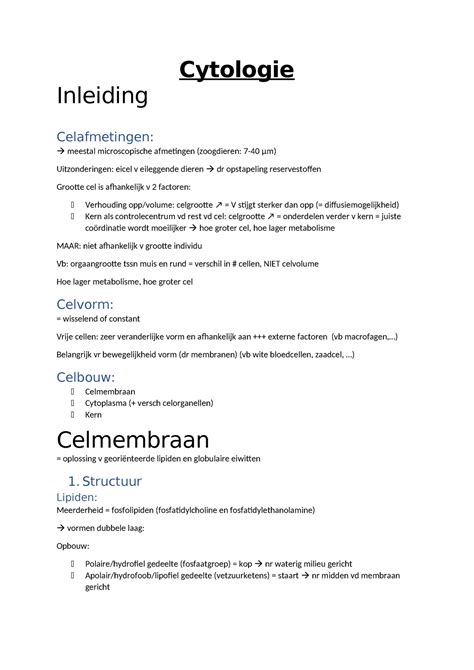 Cytologie Samenvatting Cytologie Inleiding Celafmetingen Meestal