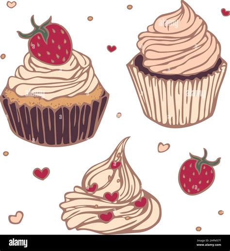 Vector Illustration With Collection Of Cupcakes Colored And Depicted By