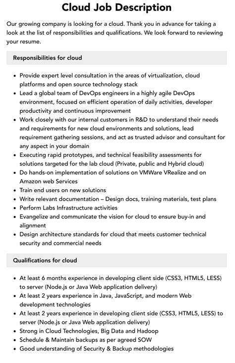 Cloud Job Description Velvet Jobs