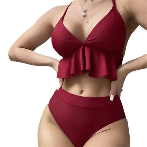 New Casual Sunny Sexy Solid Color Ruffle Edge Split Top Bikini Women S Swimsuit Top And Bottom