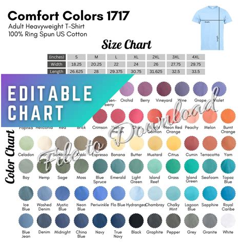 Editable Comfort Colors Color Chart And Size Chart Comfort Colors