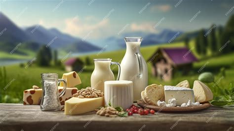 Premium Photo Dairy Products On The Background Of The Landscape