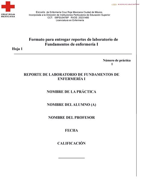 Formato reportes de laboratorio 4 Escuela de Enfermería Cruz Roja