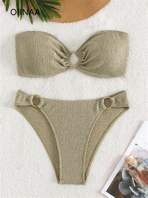 Oiinaa Bathing Suit Women Sexy Strapless Solid Bikini Set Hollow Out Beachwear Swimsuit