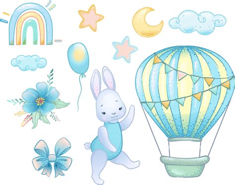 It S A Boy Set Of Elements Cute With Bunny Rabbit Illustration Hot Air Balloon Stars