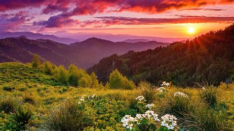 Mountain Sunrise Meadow Sky Mountain Sunset Sunrise Fiery Slope