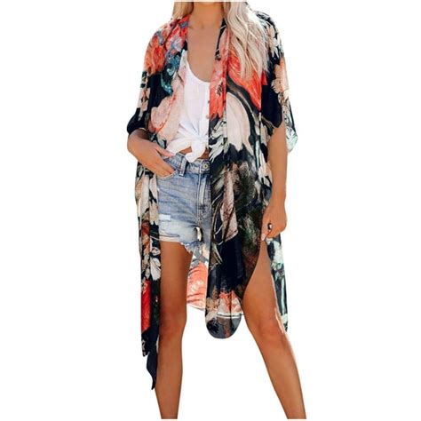 Womens Long Kimono Cardigan Sheer Swimsuit Cover Ups Floral Print 34 Sleeve Cardigan Kimono