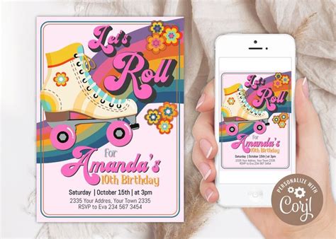 Editable Roller Skate Birthday Invitation Lets Roll Etsy Roller