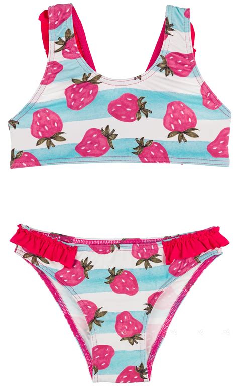 Maricruz Moda Infantil Bikini Niña Rayas Celeste Fresas con Volantes Missbaby