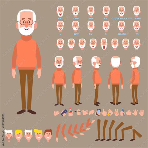 Front, side, back view animated character. Elderly man character ...