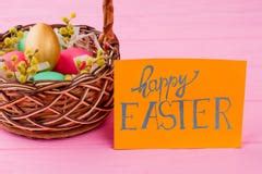 Happy Easter Background With Eggs In A Basket And Pussy Willow Stock Image Image Of Cloth