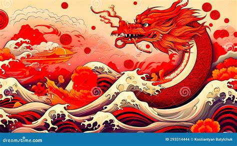 Painting of Red Dragon Flying Over Wave in the Ocean with Boat in the ...
