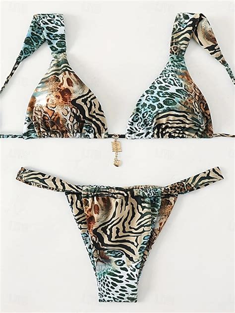 Women S Swimwear Bikini Piece Thong Swimsuit Backless Slim Vacation Beach Wear Leopard V Neck