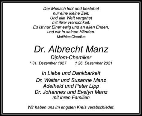 Traueranzeigen Von Albrecht Manz Vrm Trauer De