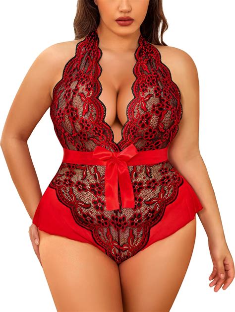 Amazon Avidlove Women S Plus Size Halter Lingerie Sexy Bodysuit V Neck Lace Teddy Sleepwear