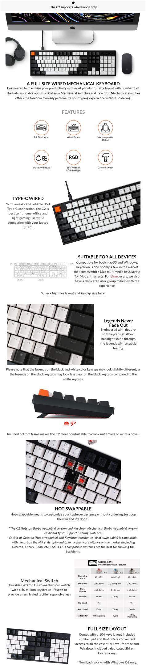 Keychron C2 USB Wired Keyboard Hot Swappable Gateron RGB Backlit 104 Keys Mechanical Keyboard