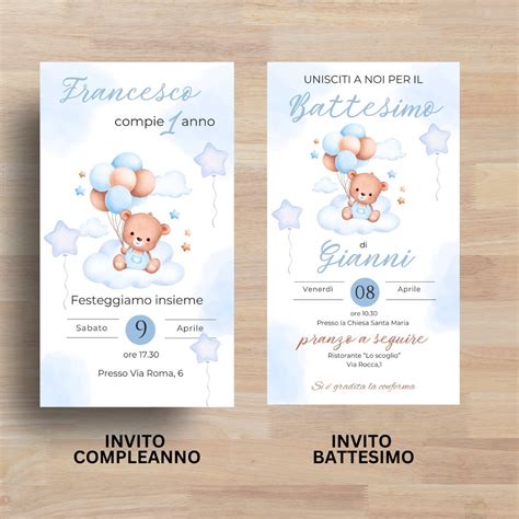 Invito Battesimo Orsetto Blu Invito Orso Compleanno Bimbo Inviti