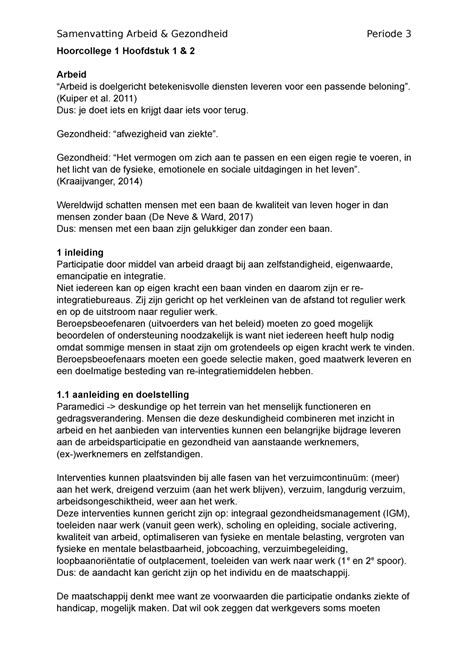 Hrm Samenvatting Arbeid En Gezondheid Hoorcollege Hoofdstuk