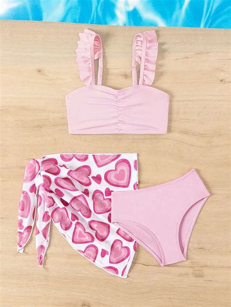 SHEIN Ensemble de bikini à volants pour jeune fille avec jupe imprimée