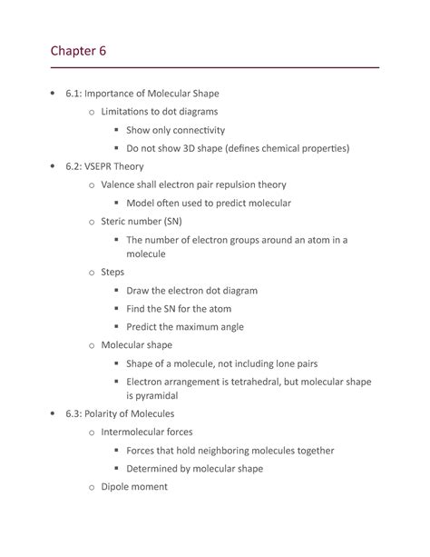 Chapter 6 Notes - Lecture - Chapter 6 6: Importance of Molecular Shape