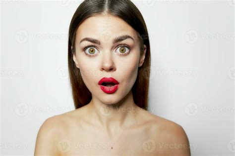 Surprised Woman With Red Lips Open Mouth Nude Shoulders Stock