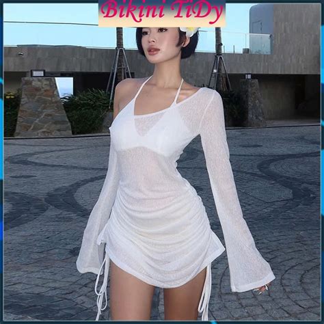 Set 3 Món Bikini Kèm Áo Đầm Dây Rút Trễ Vai Trắng Đen TS109 Shopee Việt Nam