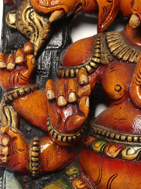 36 Large Three Headed Lord Ganesha Seated On Mushak Wood Carved