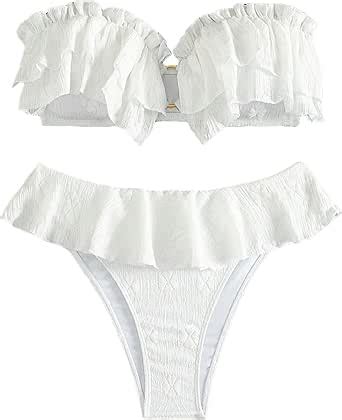 Amazon SHENHE Women S 2 Pieces Bandeau Bikini Set O Ring Strapless Ruffle Swimsuit Bathing