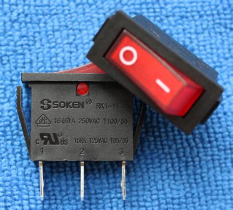 SOKEN RK1-11 Rocker Switch Red Lamp 16A 125/250VAC 3 Pins 2 Positions ...