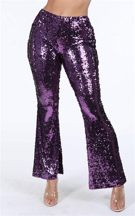 Sequin Flare Bell Bottom Pants Purple