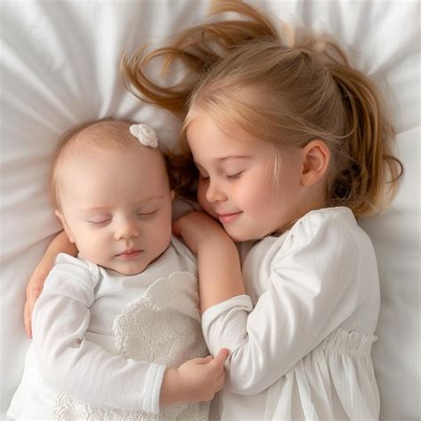 Portrait Of Two Cute Sisters Sleeping On The Bed At Home Premium Ai