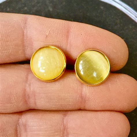 Yellow Cat S Eye Gemstone Studs Gold Plated USA 12mm Etsy