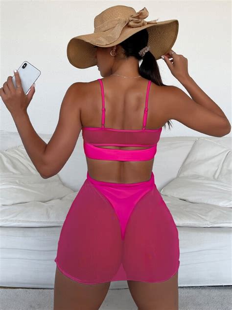 Sheer Bikini Set Bandeau Bra Thong Bottom Mesh Peekaboo Cover Up Dress Piece Bathing Suit