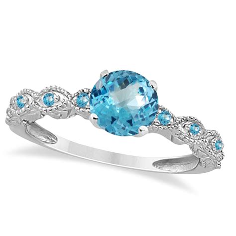 Vintage Style Blue Topaz Engagement Ring 14k White Gold 1.18ct - U6494