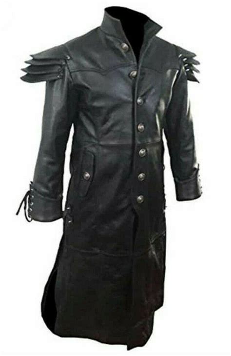 Mens Real Black Leather Goth Matrix Trench Coat Steampunk Gothic EBay