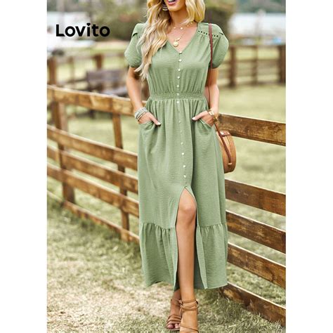 Lovito Vestido Casual Liso Frente Dividida Para Mulheres Lnl