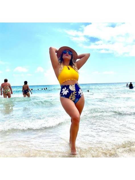 Halter Floral High Neck Scalloped Trim High Waist Two Piece Bikini Set Walkonbeach